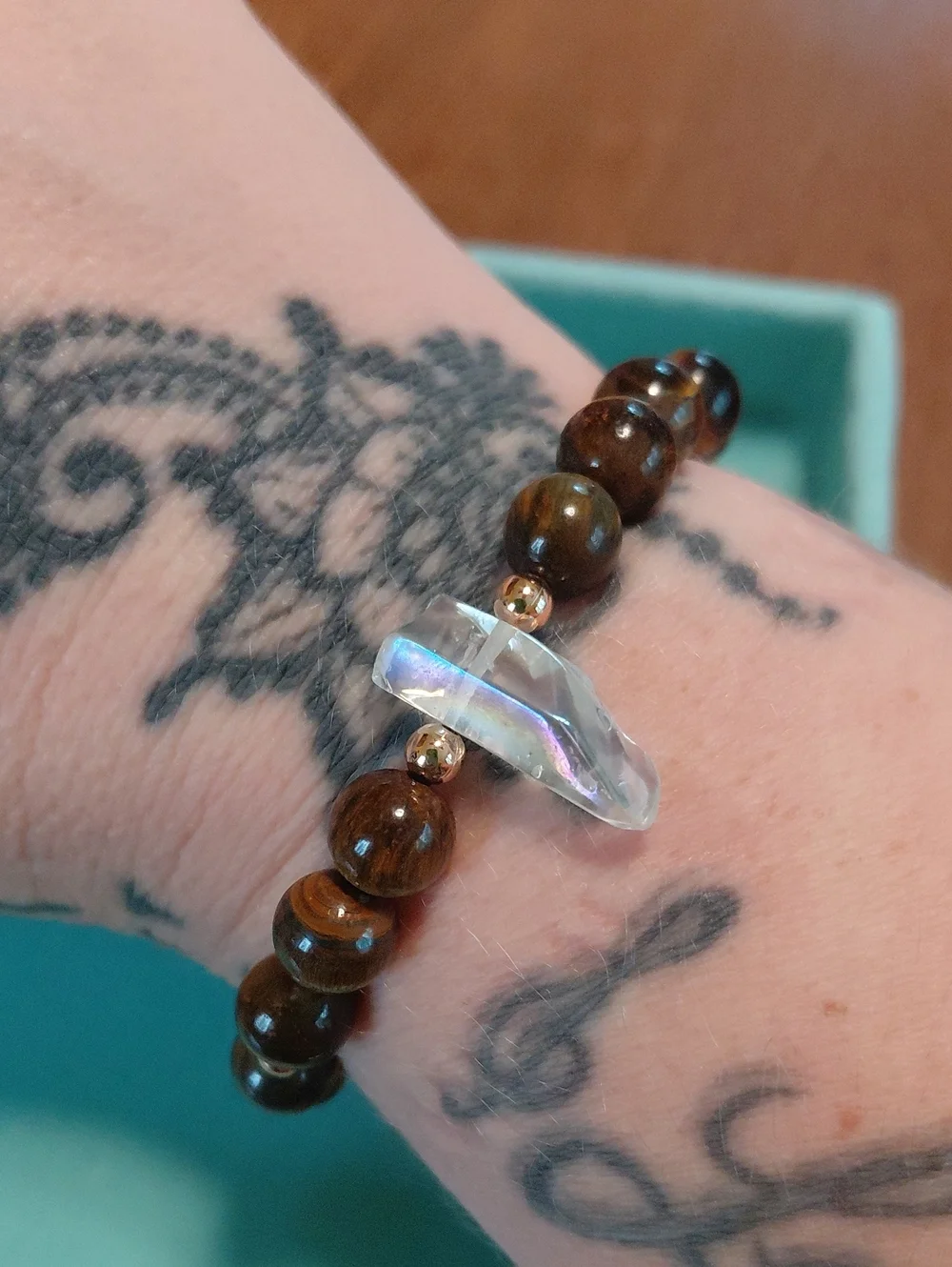 Tiger Eye Beaded Stretch Bracelet with Clear Aura Quartz